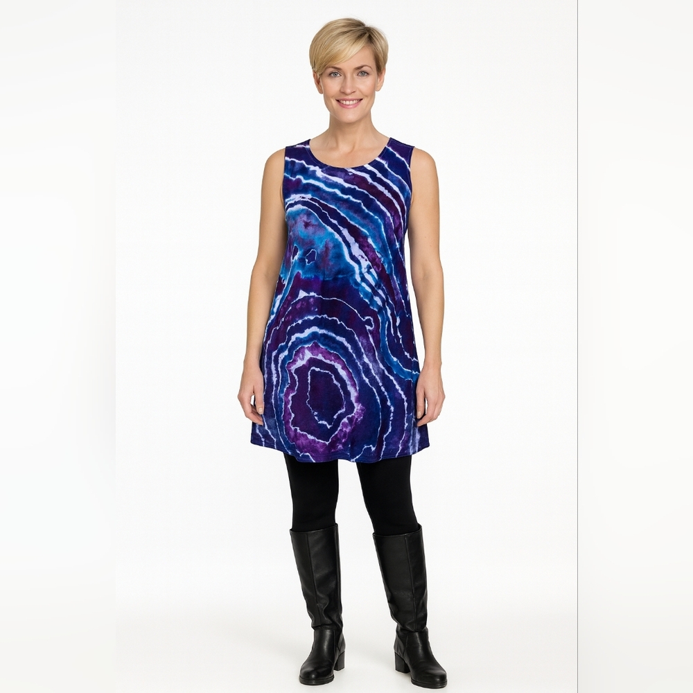 Medium Sleeveless Tunic Purple and Blue Geode Style Tie Dye Top